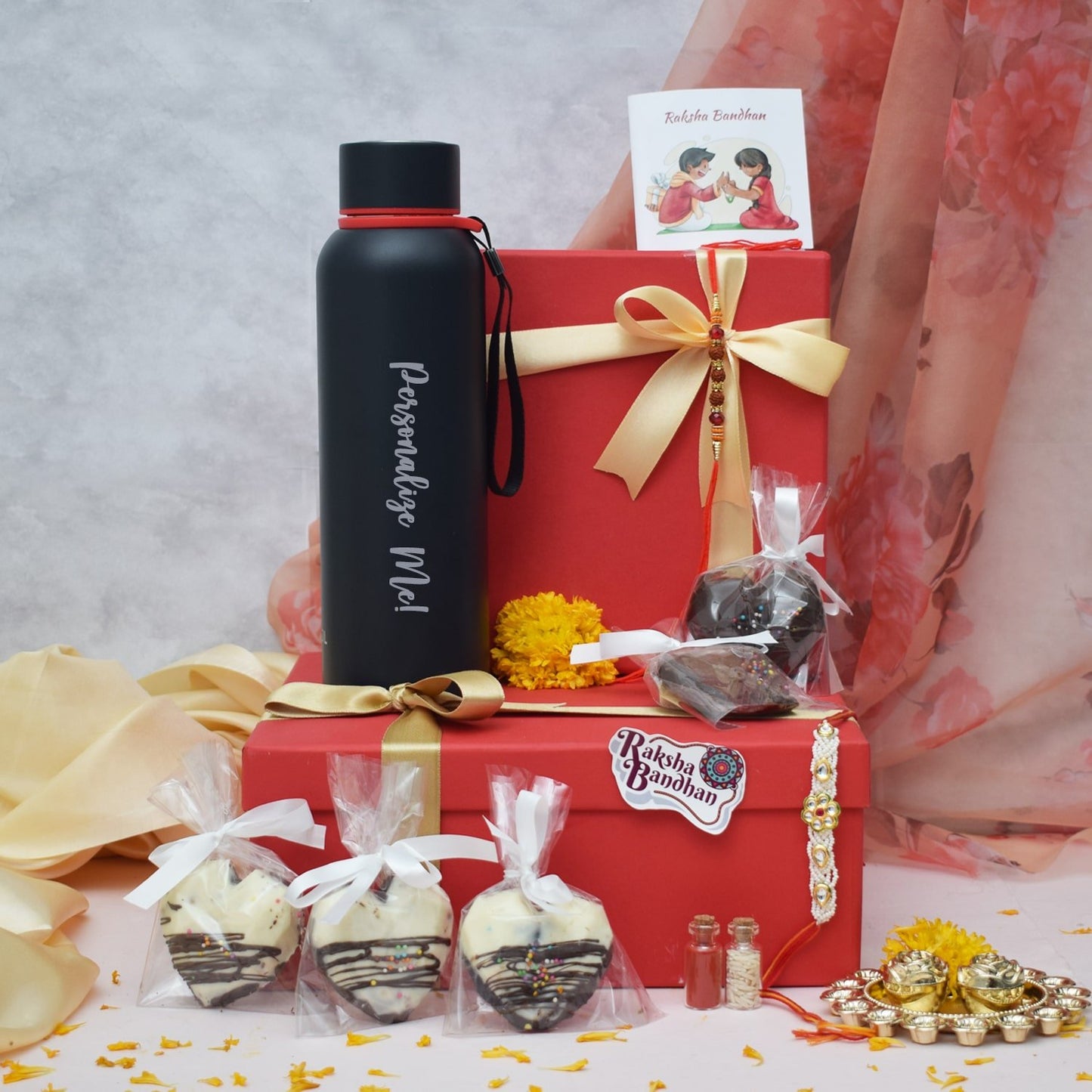 Personalized Name Bottle with Chocolate & Rakhi