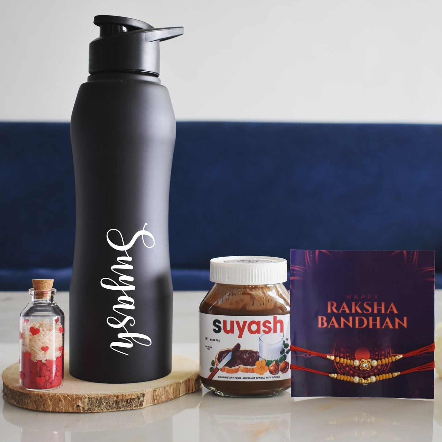 Personalized Bottle, Personalized Nutella Jar & Rakhi Combo